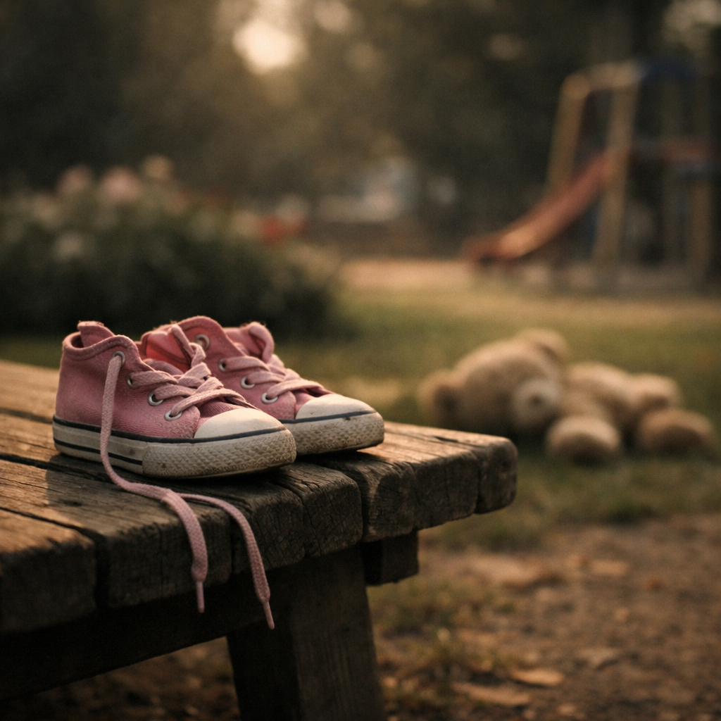 Sepasang sepatu anak perempuan terletak di bangku taman sebagai simbol duka atas tragedi penembakan massal yang merenggut nyawa anak berusia 10 tahun.
